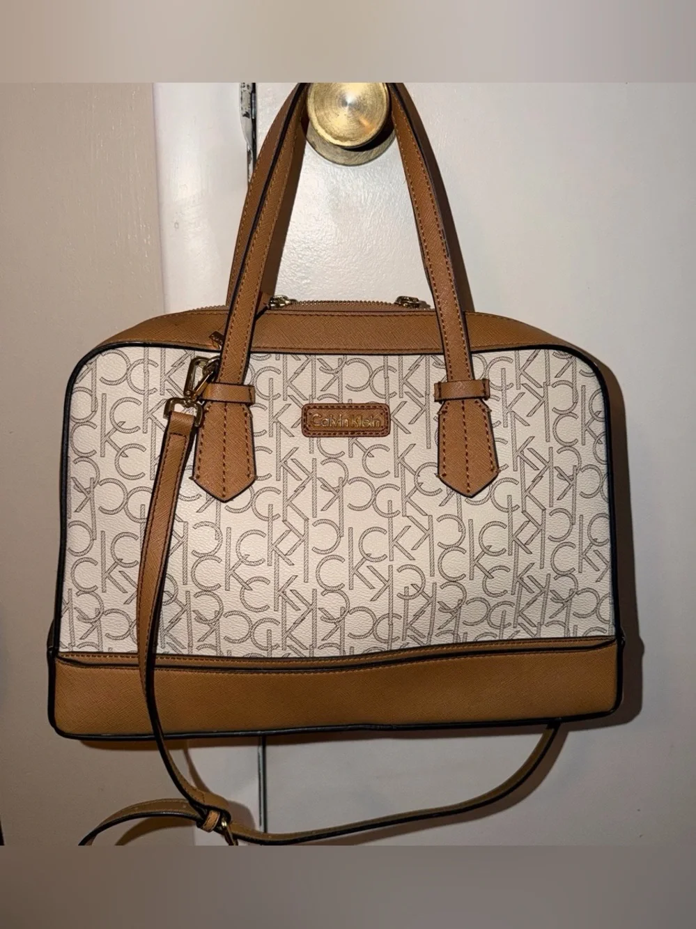 Calvin Klein Tan and Ivory CK Logo Satchel